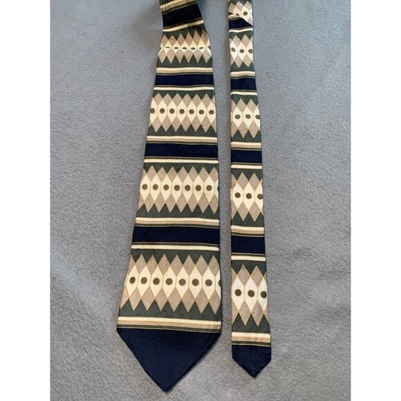 Vintage Halston Mens Silk Necktie Geometric Pattern Navy Tan Green Tie - Picture 5 of 5